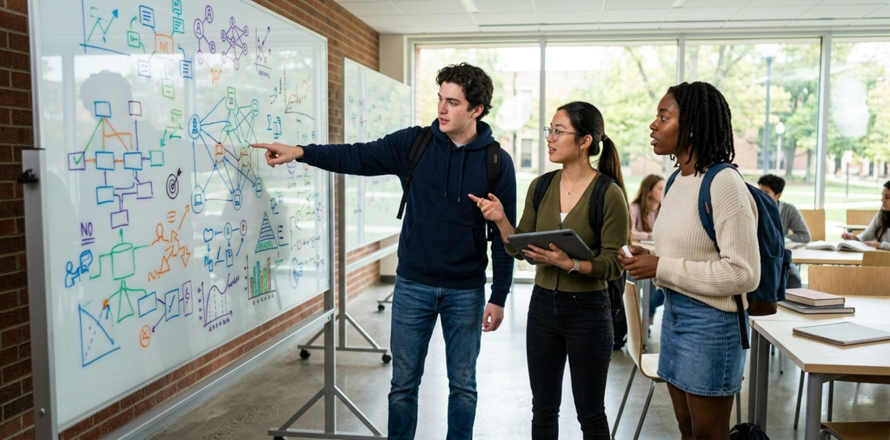 a group of three university students standing in front of a large glass whiteboard