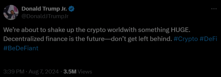 article imageСыновья Дональда Трампа раскручивают DeFi-проект, суля прибыль в 100 раз