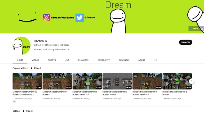 Akun YouTube Dream yang populer memainkan game Minecraft. Dream merupakan pembuat konten berusia 23 tahun dengan 31 juta subscriber di YouTube.
