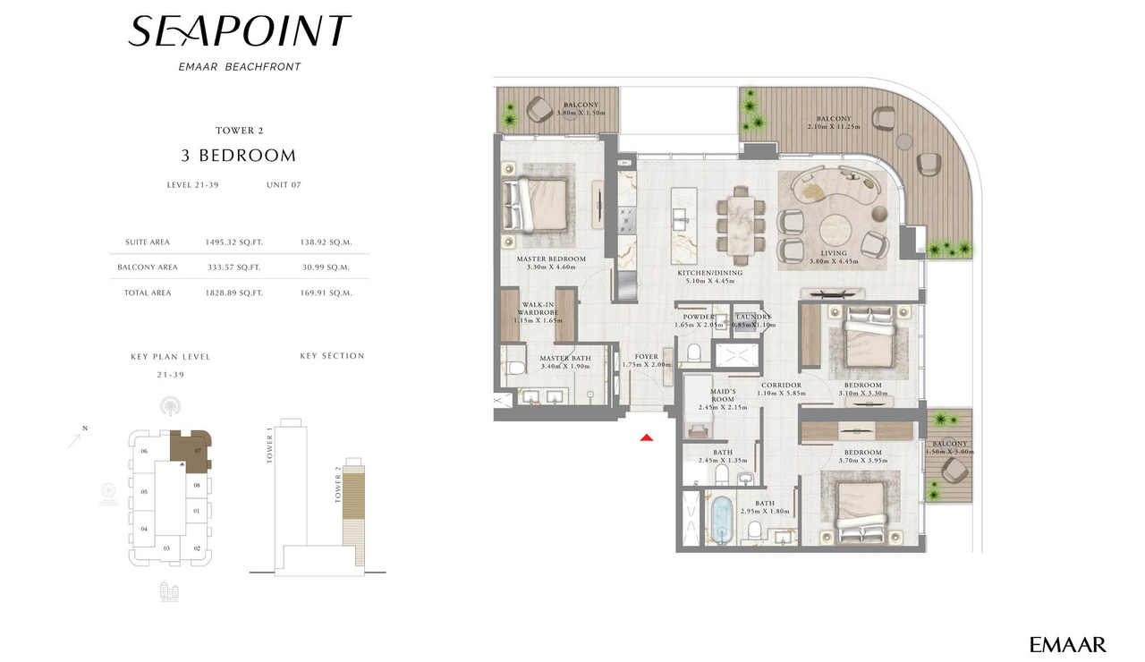 Seapoint Tower 2 3 Bedroom apartment keyplan layout at Emaar Beachfront showing unit positioning and balcony orientation – Distress Deal floorplan for a luxury Dubai waterfront residence