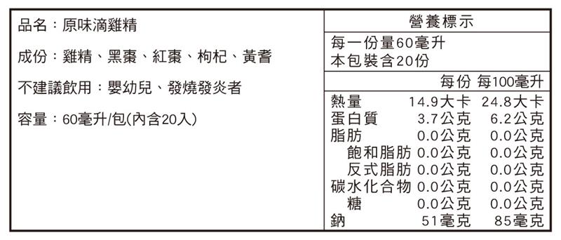 田原香原味滴雞精營養標示