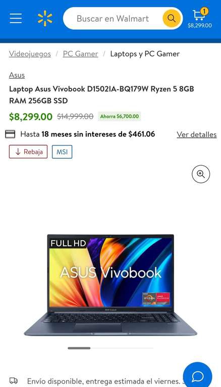 Walmart: Laptop Asus Vivobook D1502IA-BQ179W Ryzen 5 8GB RAM 256GB SSD | Pagando con HSBC a 12 MSI