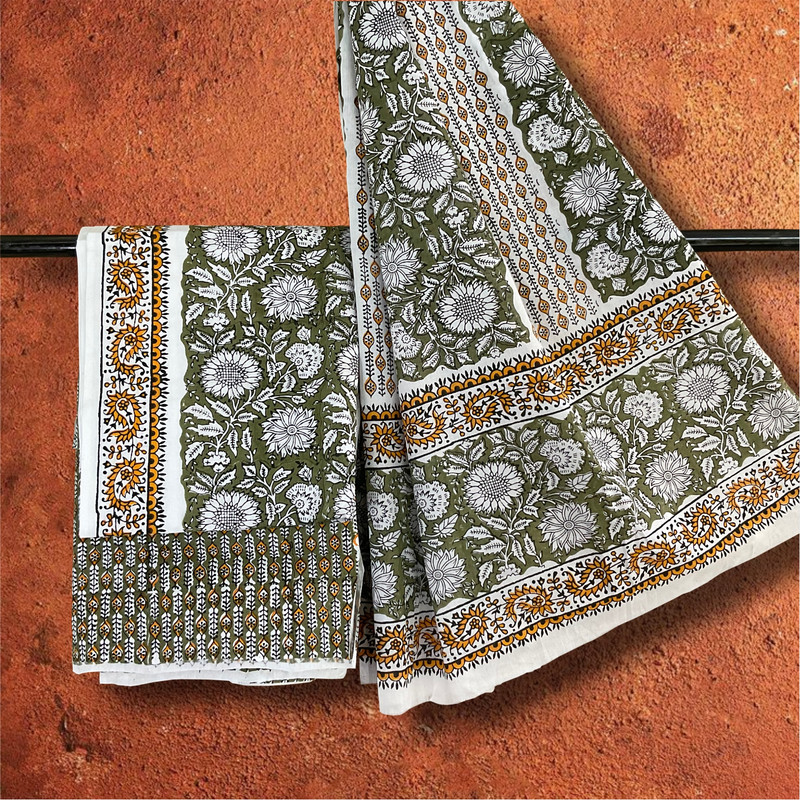 Olive Floral Hand Block Printed Cotton Dress Material