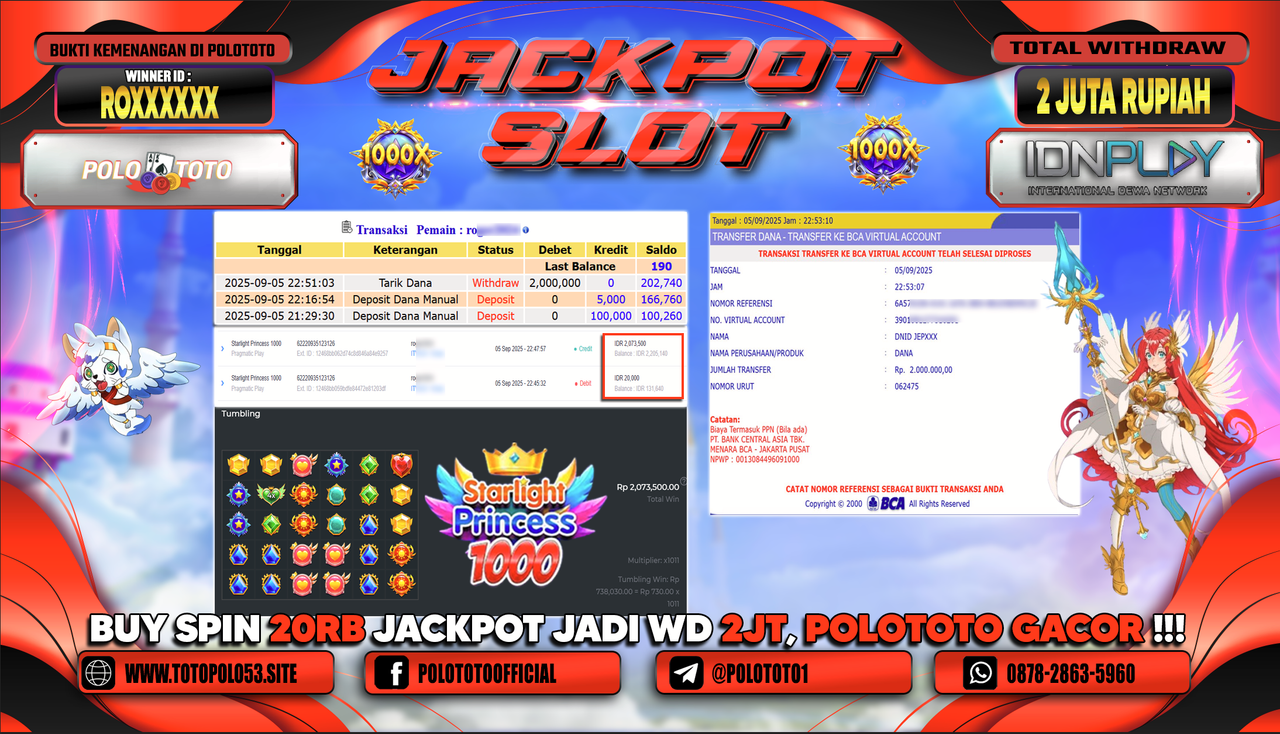 POLOTOTO JACKPOT SLOT STARLIGHT PRNCESS 1000 Rp.2.000.000,-