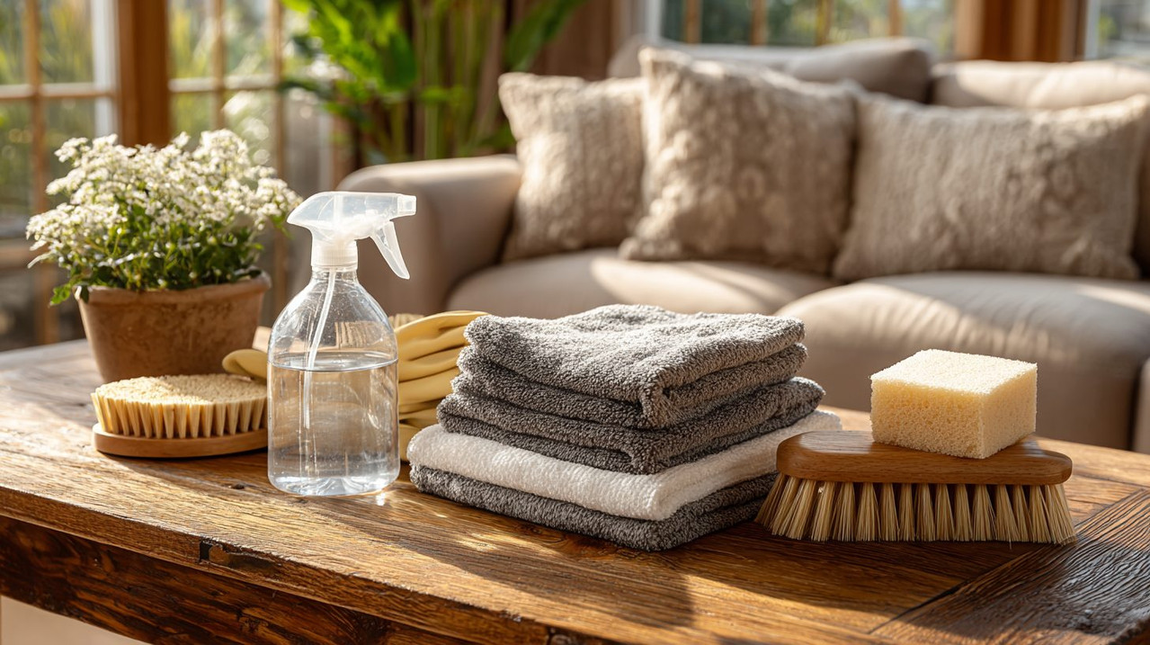 Подготовка дивана к удалению пятен: инструменты и средства на столе