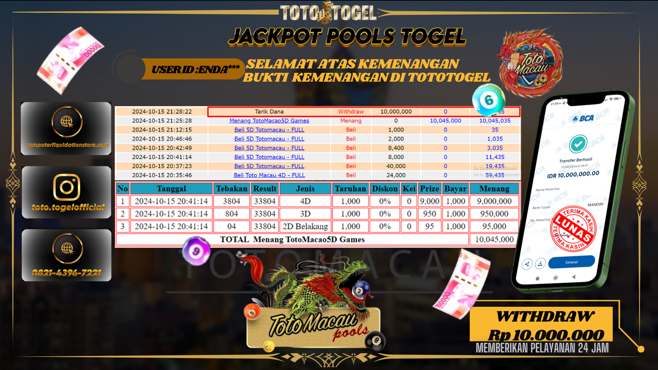 Bukti Kemenangan Permainan  Pools Togel Toto MAcau 5D   ID : ENDA*** Terbayar Lunas!!