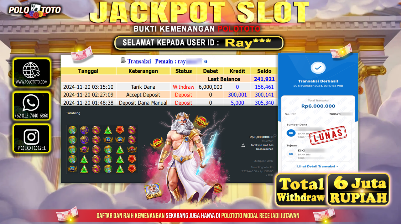 POLOTOTO JACKPOT SLOT GATES OF OLYMPUS Rp.6.000.000,- 