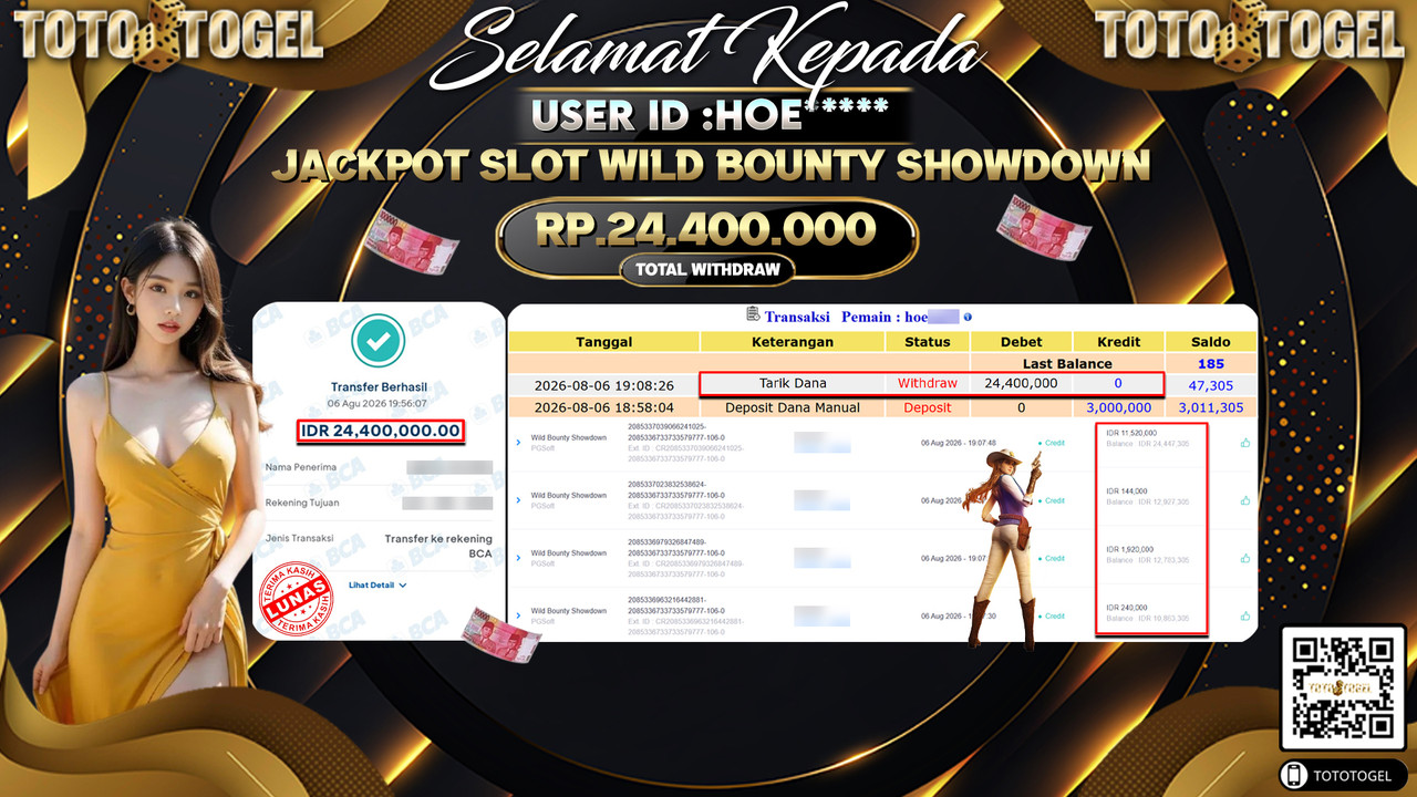 Bukti Pembayaran Jackpot SLOT WILD BOUNTY SHOWDOWN ID:HOE**** LUNAS