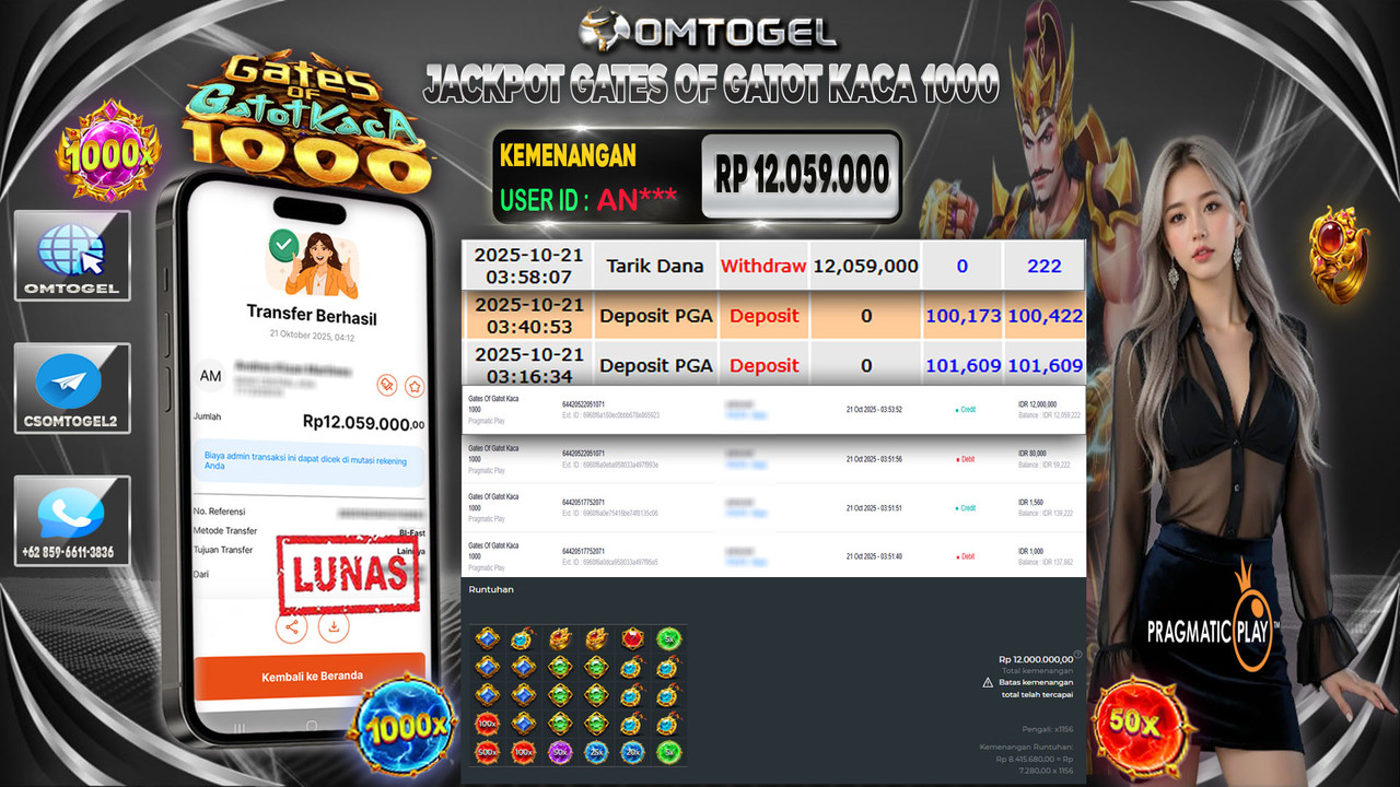 OMTOGEL JACKPOT PRAGMATIC PLAY GATES OF GATOTKACA 1000 12 JUTA DI BAYAR LUNAS ,-