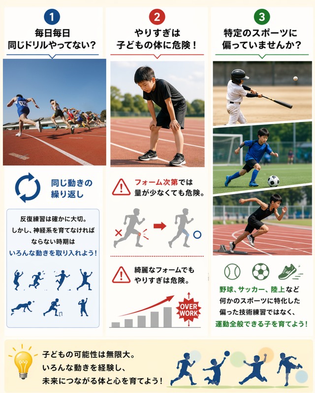 野球、サッカー、陸上など多様なスポーツ経験の大切さを示す図