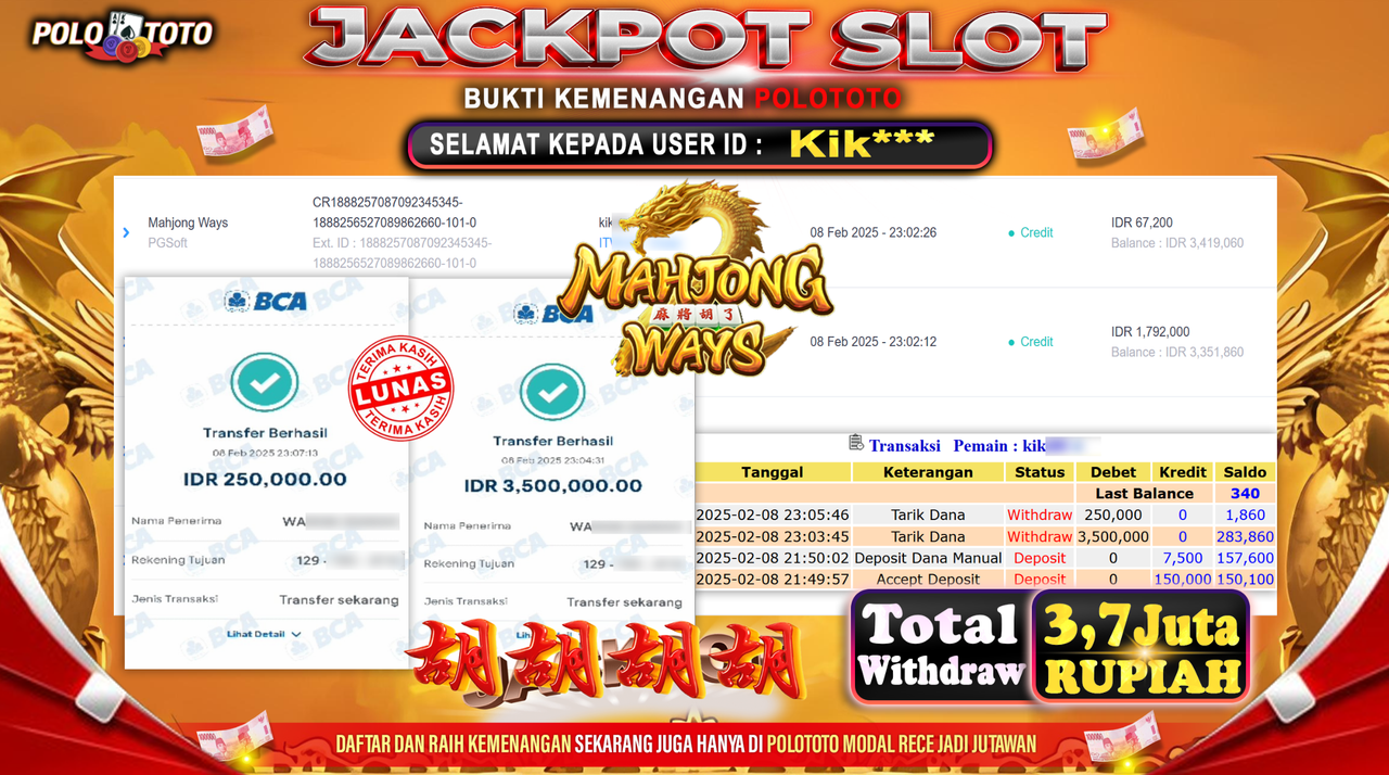 POLOTOTO JACKPOT SLOT MAHJONG WAYS Rp.3,750.000,-