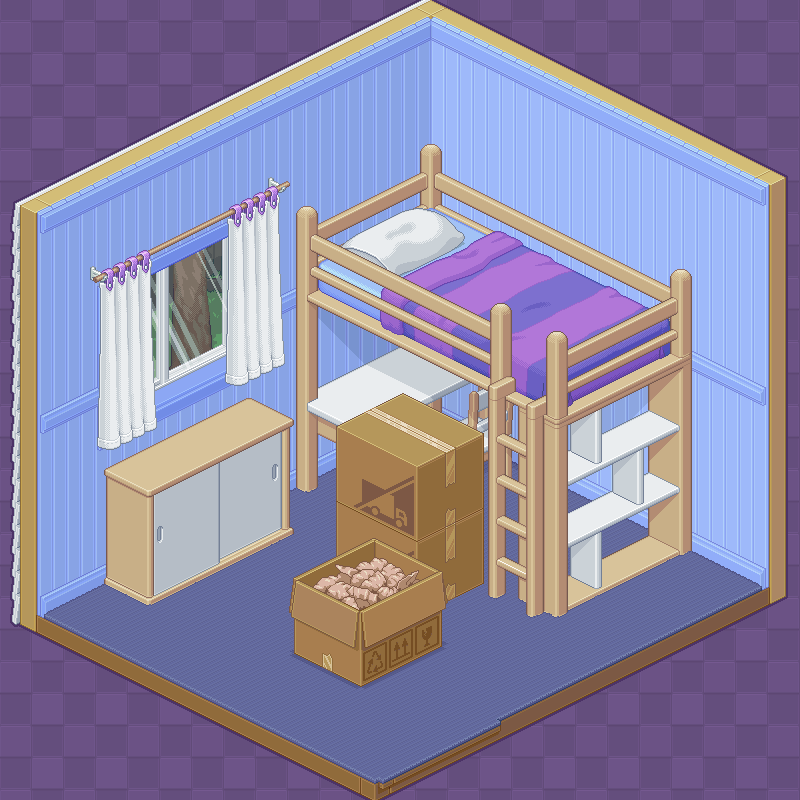 A GIF of a time lapse of the first level being completed, showing each item that was unpacked and organized in the small bedroom.