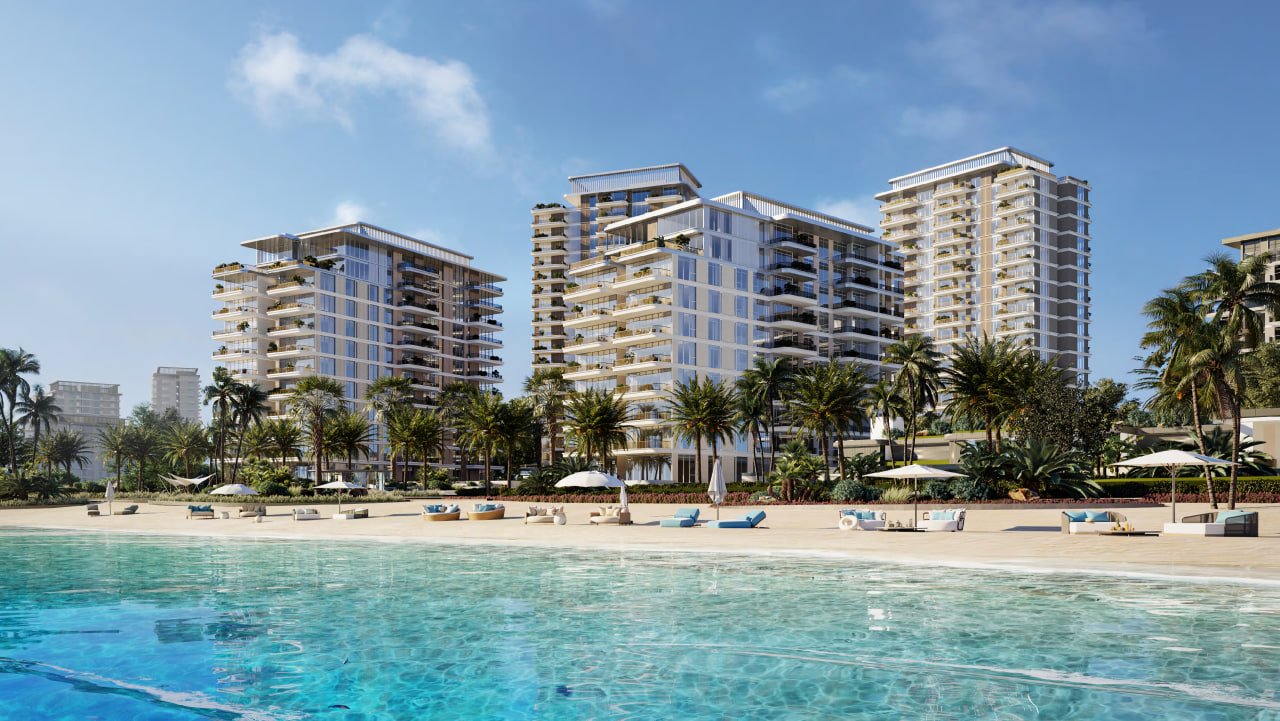 Luxury exterior architectural rendering of Bay Grove Residences at Dubai Islands by Nakheel, showcasing a modern beachfront residential tower with sweeping sea views, resort-style podium amenities, and landscaped waterfront surroundings – Distress Deal opportunity in Bay Grove Residences