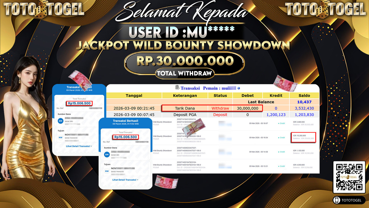 Bukti Pembayaran Jackpot Permainan Slot Wild Bounty Showdown ID:MU*****LUNAS