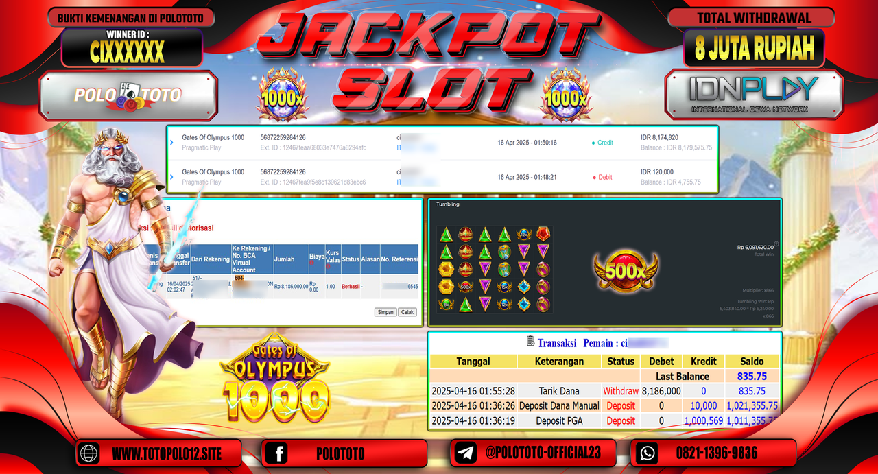 POLOTOTO JACKPOT SLOT GATES OF OLYMPUS 1000 Rp.8.186.000,- 