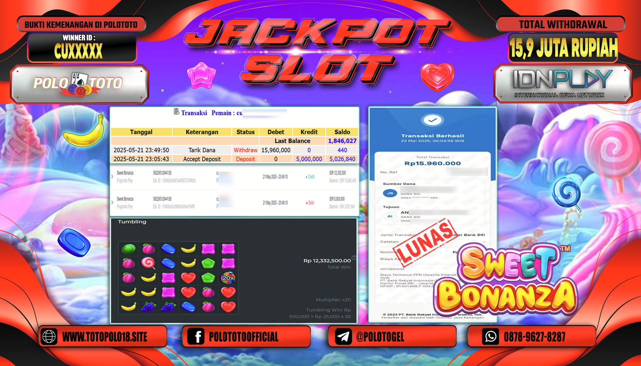 POLOTOTO JACKPOT SLOT SWEET BONANZA Rp.15.960.000,-