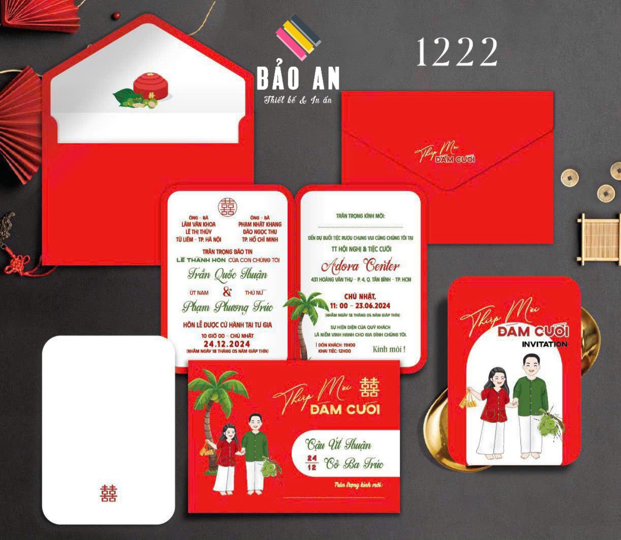 Thiệp chibi họa tiết dừa tone đỏ (1222)