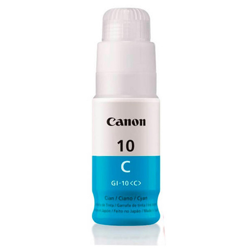 Botella de tinta original Canon GI-10 de color cian.