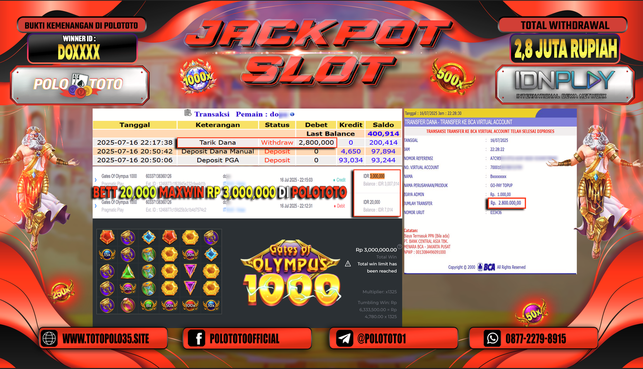 POLOTOTO JACKPOT SLOT GATES OF OLYMPUS 1000 Rp.2.800.000,- LUNAS