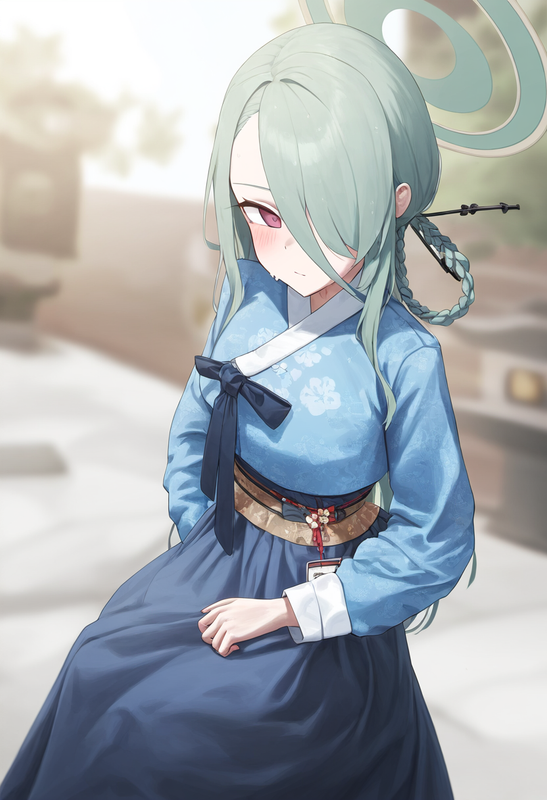 depth of field, 1girl, mina (blue archive), alternate costume, {{{{hanbok}}}}, b s-3014914859