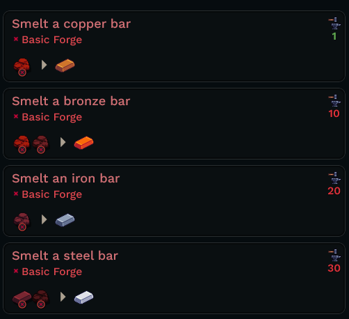 Recipes to smelt some bars in-game