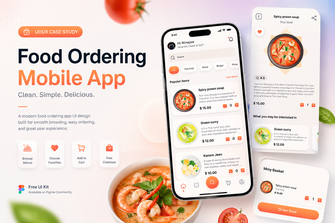 Food Ordering Mobile App – UX/UI Design | Free UI Kit