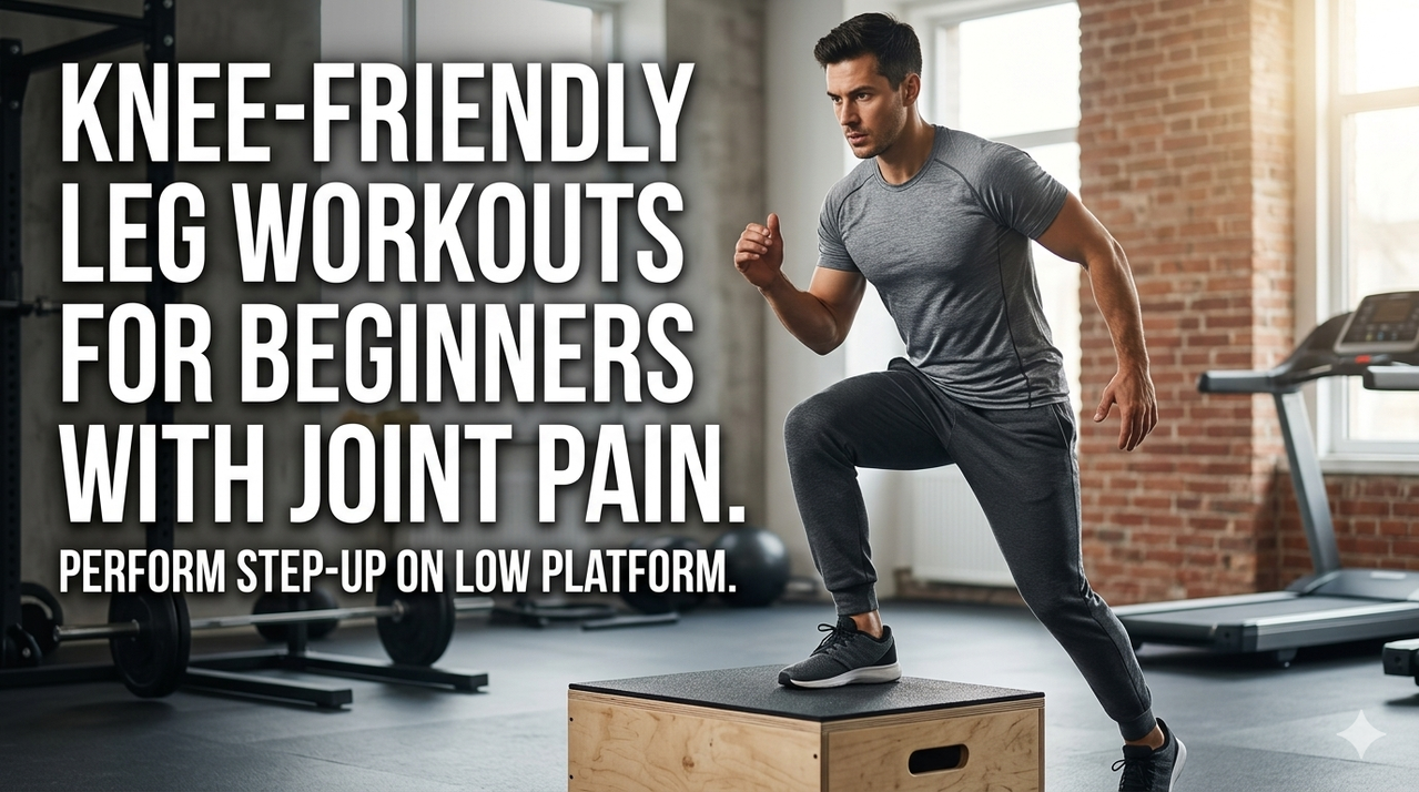 Person performing step-up on low platform for knee-friendly leg workouts for beginners with joint pain