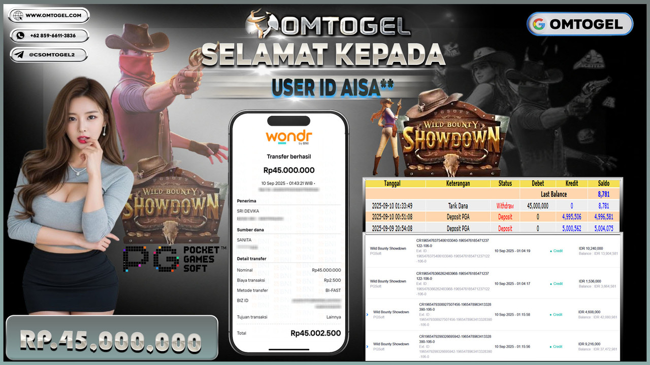 OMTOGEL JACKPOT PGSOFT WILD BOUNTY SHOWDOWN 45 JUTA DI BAYAR LUNAS ,-