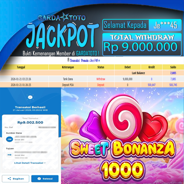 JACKPOT DI PERMAINAN SLOT PRAGMATIC PLAY SWEET BONANZA 1000 WD Rp 9.000.000,- DIBAYAR LUNAS GARDATOTO MANTAP!