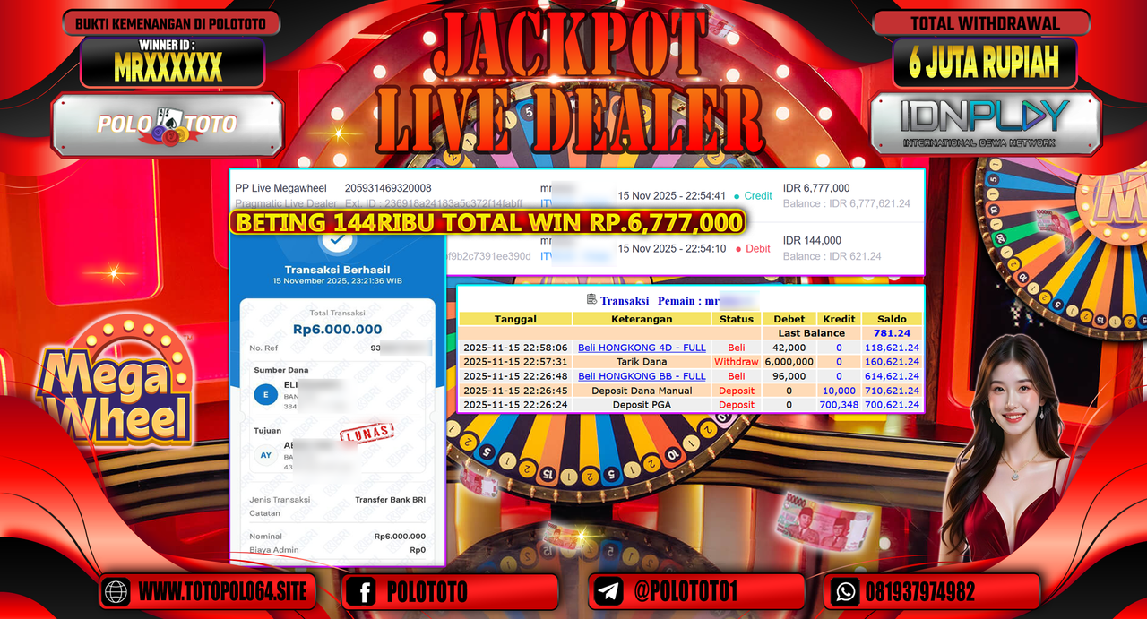 POLOTOTO JACKPOT LIVE DEALER PP LIVE MEGAWHEEL Rp.6.000.000,- LUNAS