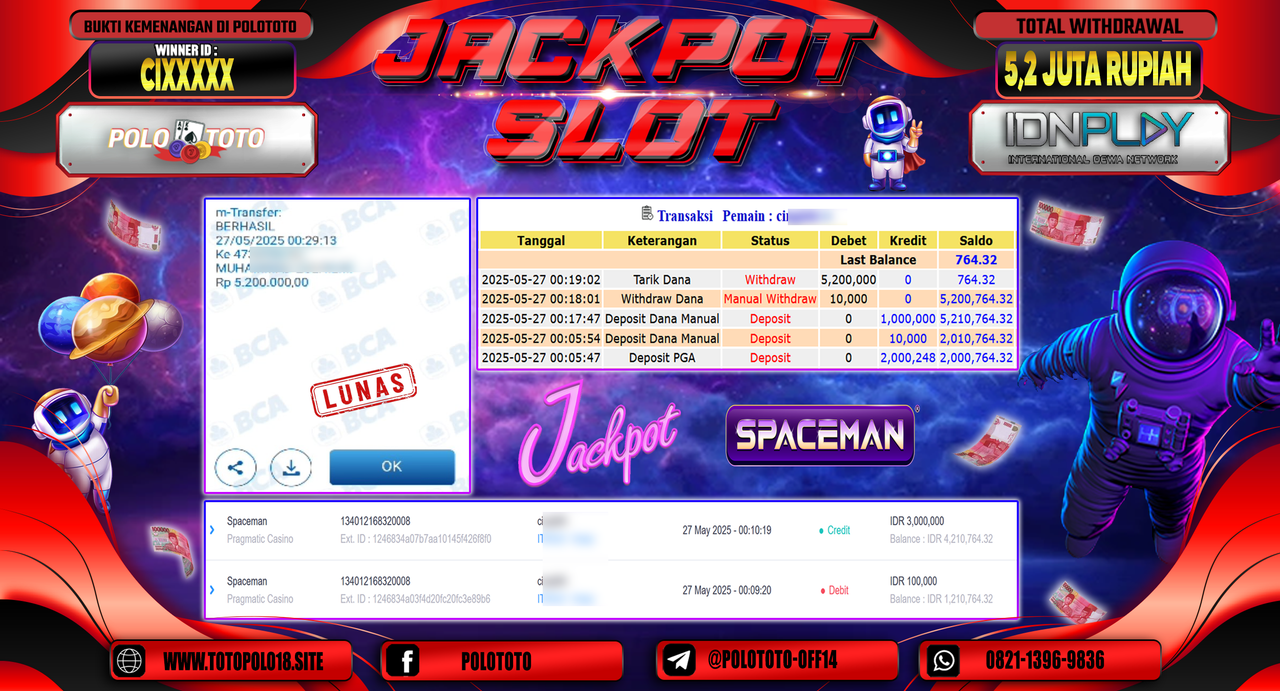 POLOTOTO JACKPOT SLOT SPACEMAN Rp.5.200.000,-
