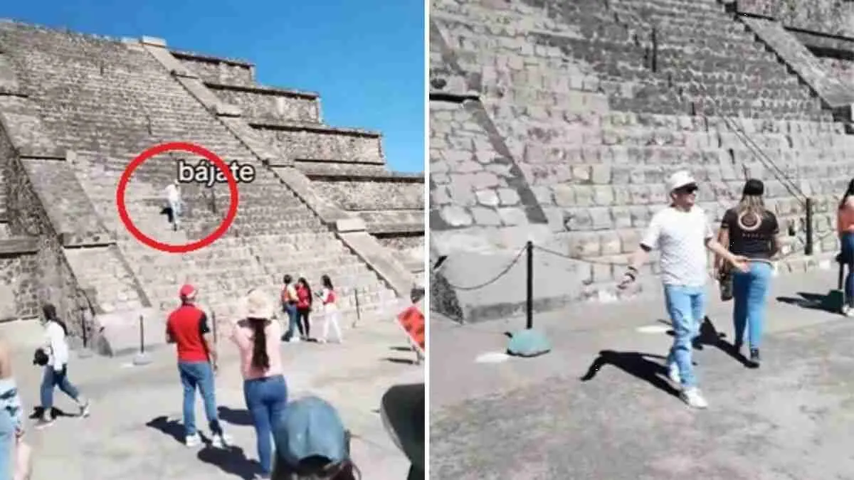 Viralizan video de como bajan a gritos a turista que subió pirámide en Teotihuacan
