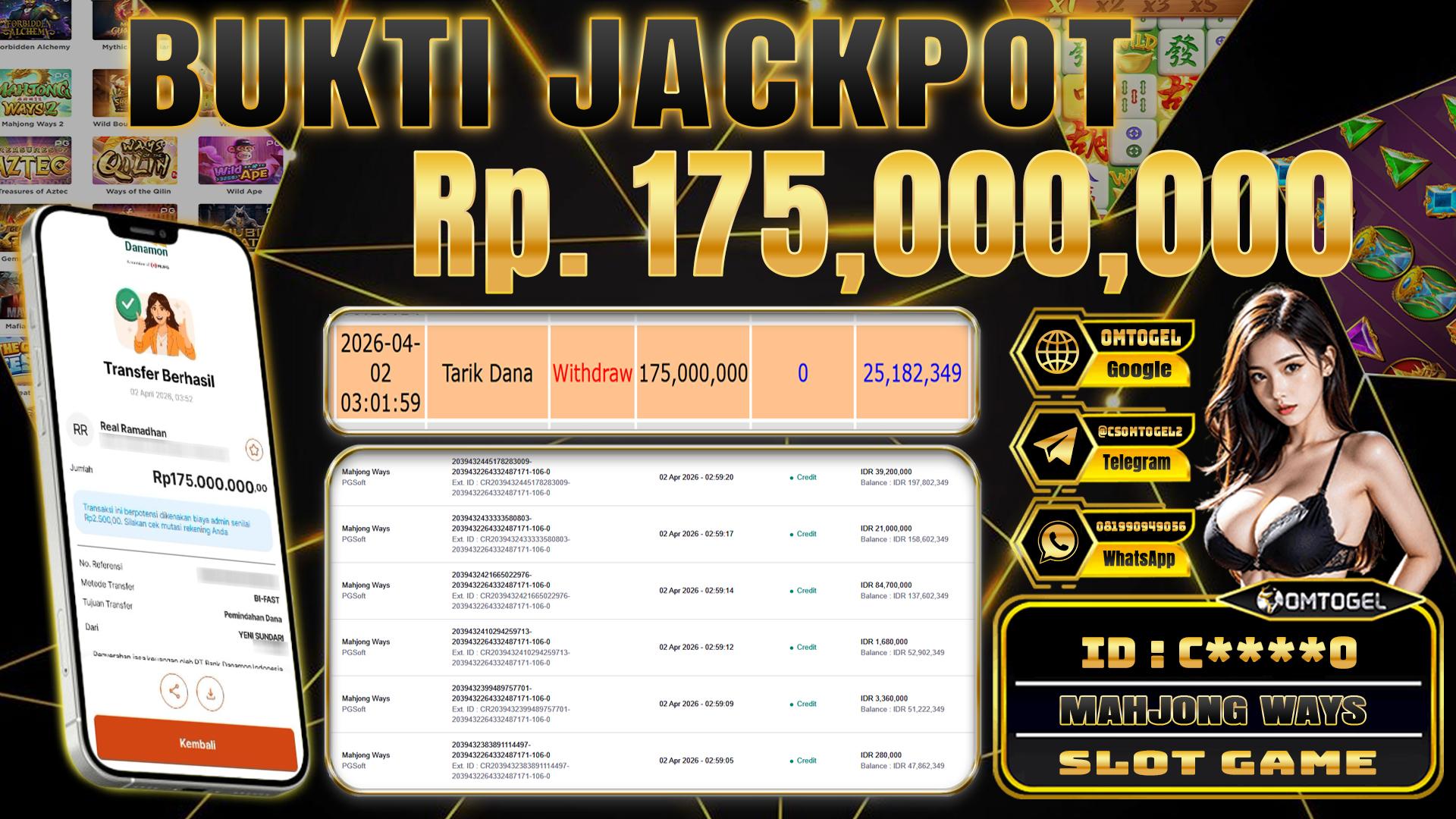 OMTOGEL JACKPOT PGSOFT MAHJONG WAYS , 175 JUTA DI BAYAR LUNAS ,-