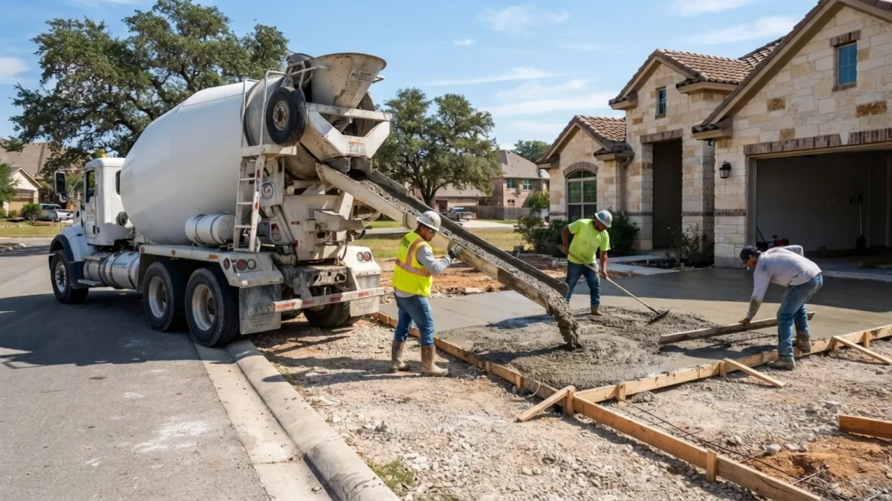 Concrete truck pouring a new driveway slab in San Antonio