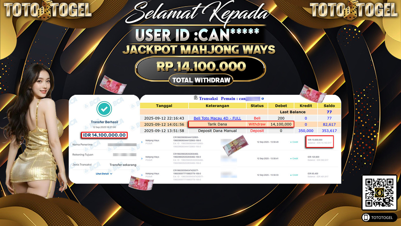 Bukti Pembayaran Jackpot Permainan Slot Mahjong Ways ID:CAN***** LUNAS