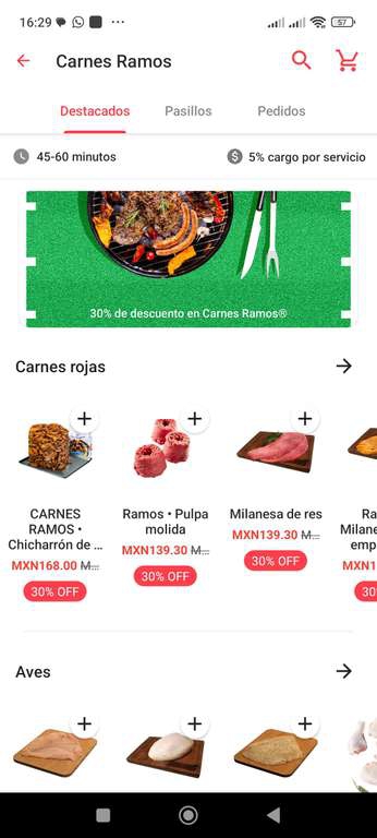 Cornershop: 30% off en todo Carnes Ramos (MTY) 
