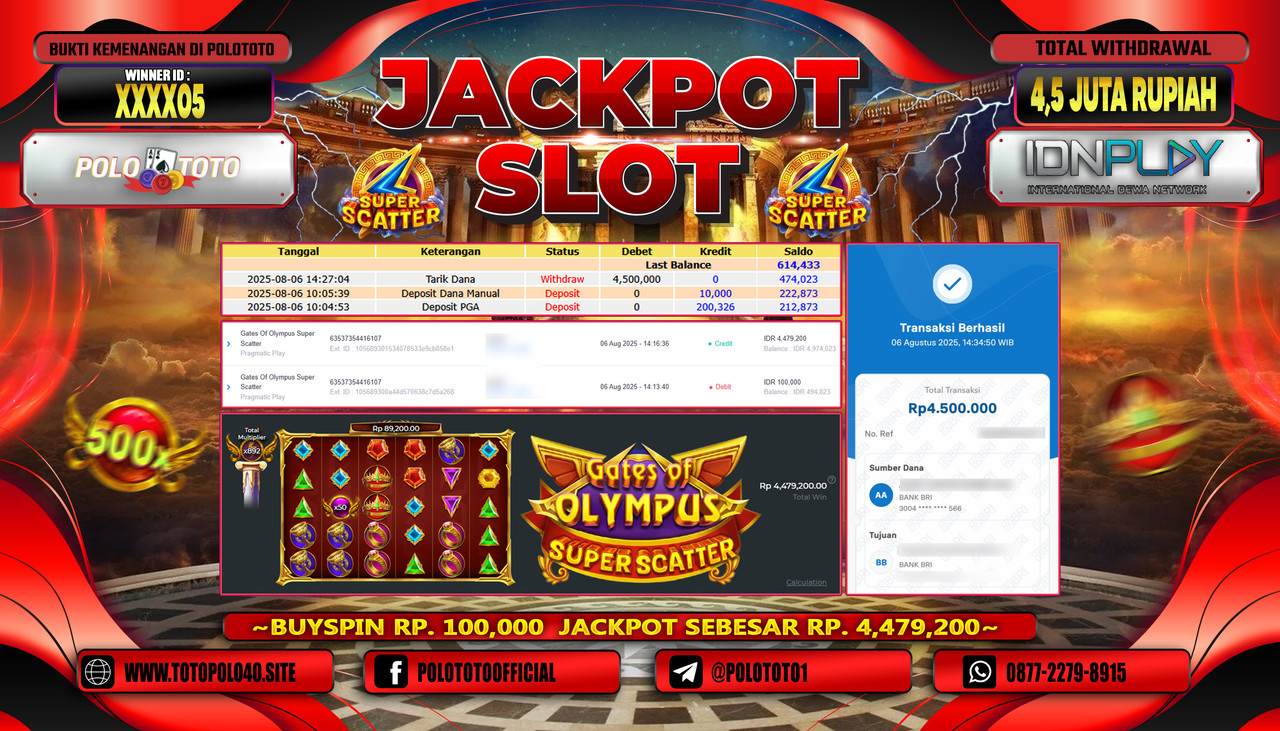 POLOTOTO JACKPOT SLOT GATES OF OLYMPUS SUPER SCATTER Rp.4.500.000,- LUNAS