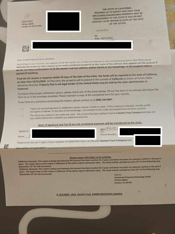 I received a letter from "Unclaimed Property Processing Center" r/Gemini