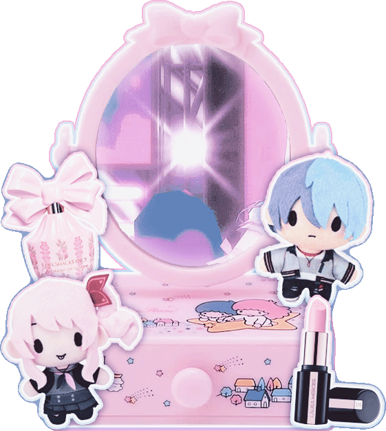 A graphic of Mizuki dancing in a mirror. To the side is perfume, Mizuki and Toya plushies, and lipstick.