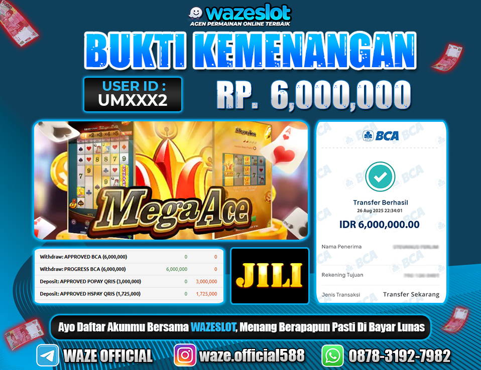 BUKTI KEMENANGAN 27 AGUSTUS 2025 GAME MEGA ACE ( JILI )
