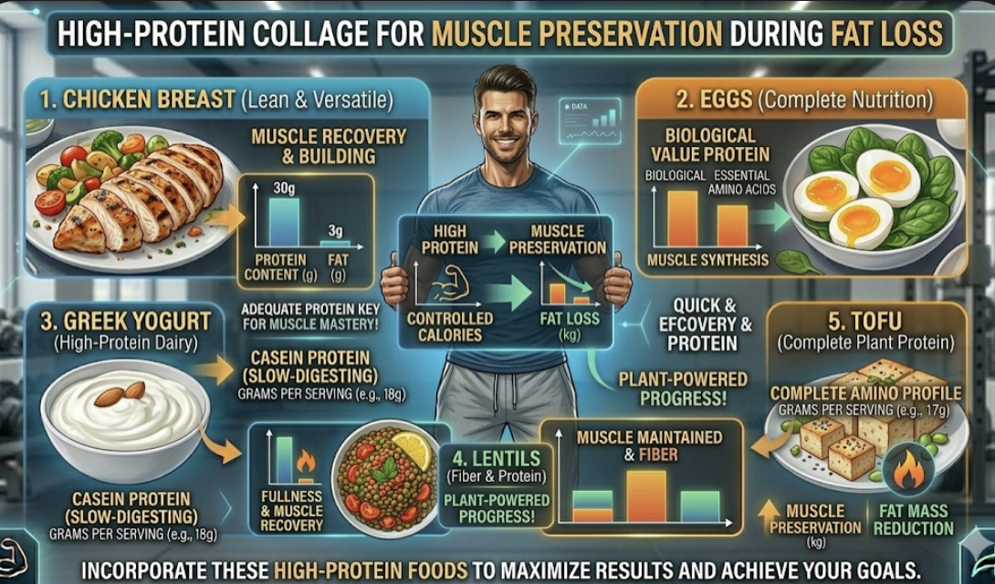 Collage of high-protein foods for muscle preservation during fat loss including chicken eggs Greek yogurt lentils and tofu