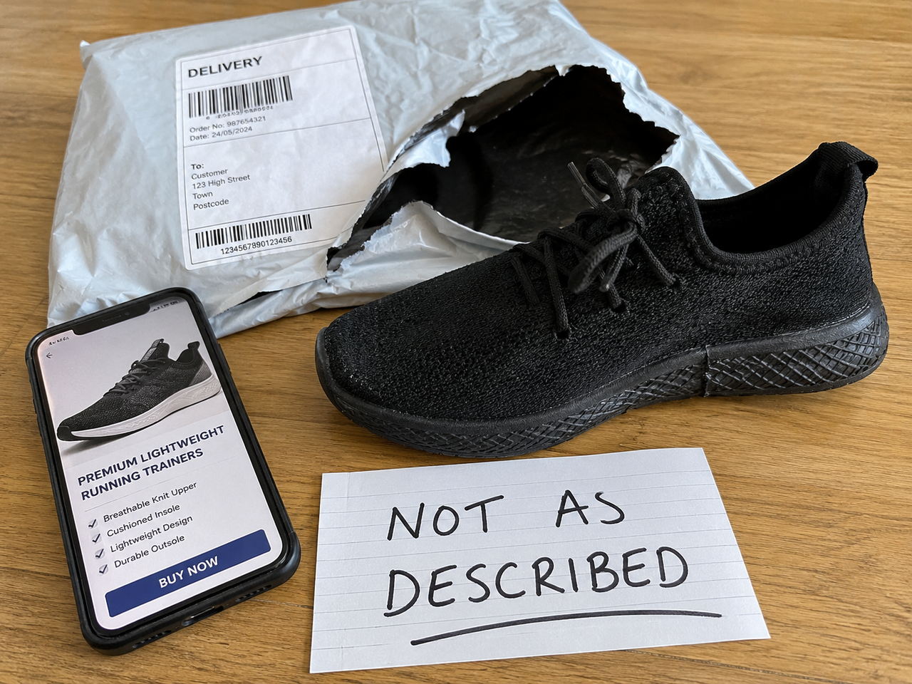 Fake item scam showing poor quality goods and a missing delivery warning