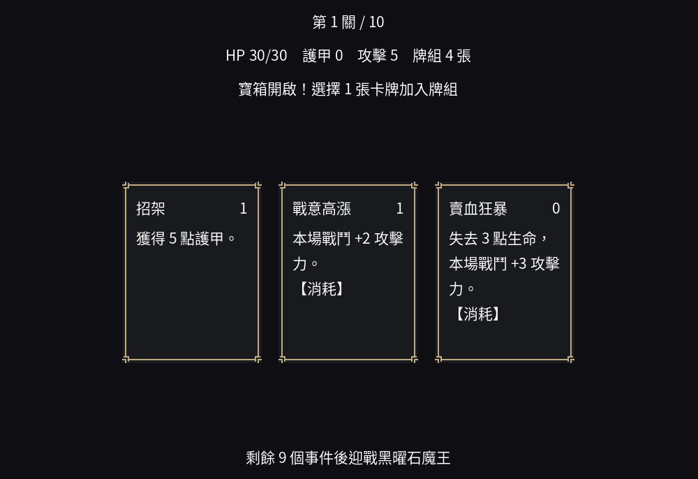 Godot 編輯器裡跑起來的早期 RewardScene：由上到下是關卡進度、狀態列、寶箱開啟提示、三張卡橫排、剩餘事件提示