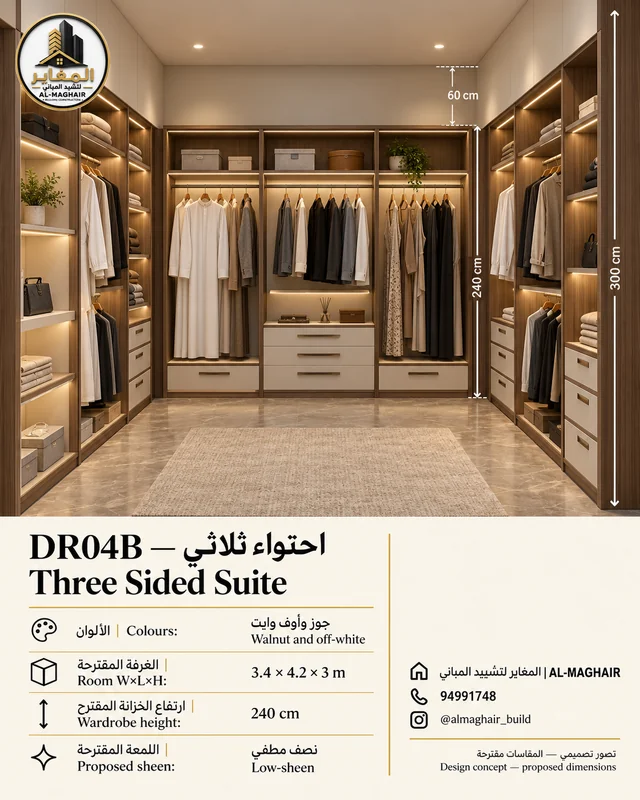 DR04B Three Sided Suite dressing room in Walnut and off-white, proposed 3.4 by 4.2 metre room with 3m ceiling, AL-MAGHAIR Kuwait wardrobe concept.