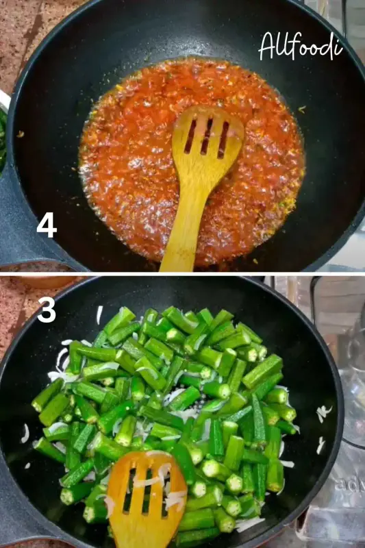 adding bhindi in onion and ready masala for bhindi