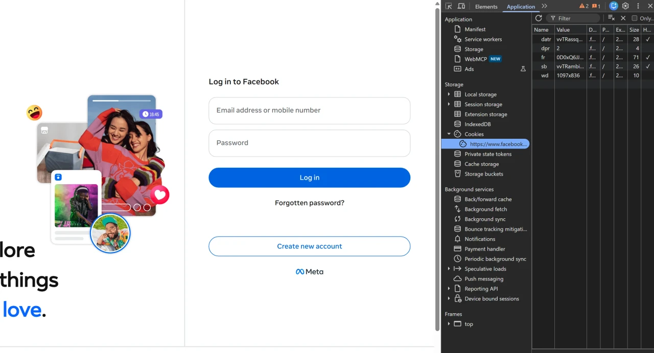 Список cookies Facebook в DevTools