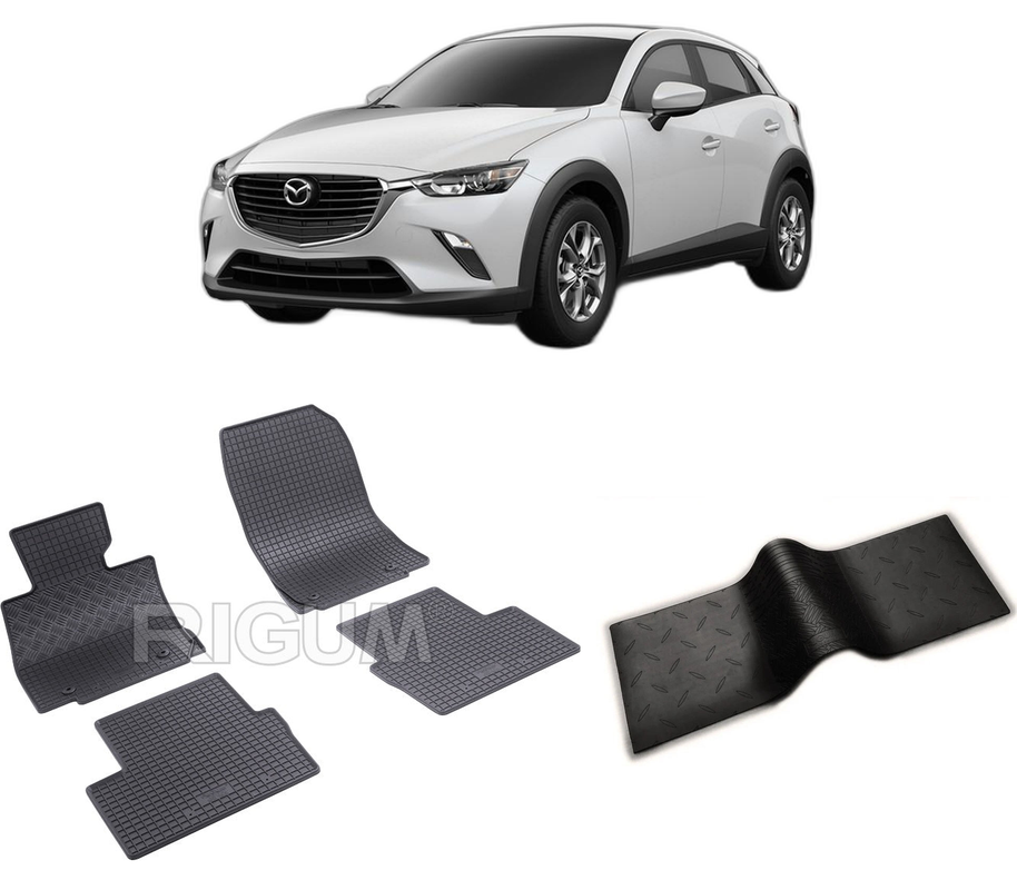 Set covorase auto MAZDA CX -3 din 06.2015-12.2021, cu covoras tunel median, CAROSERIE SUV, Presuri cauciuc 100%, compatibil cu autoturismul MAZDA CX -3, Rigum