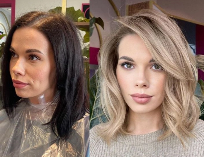 Transformation from gray black hair to natural blonde