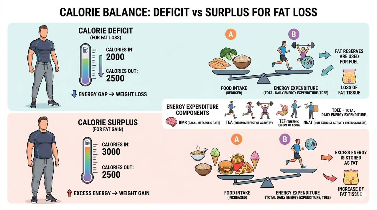 Infographic explaining calorie deficit vs surplus showing food intake and energy expenditure balance for fat loss and weight management