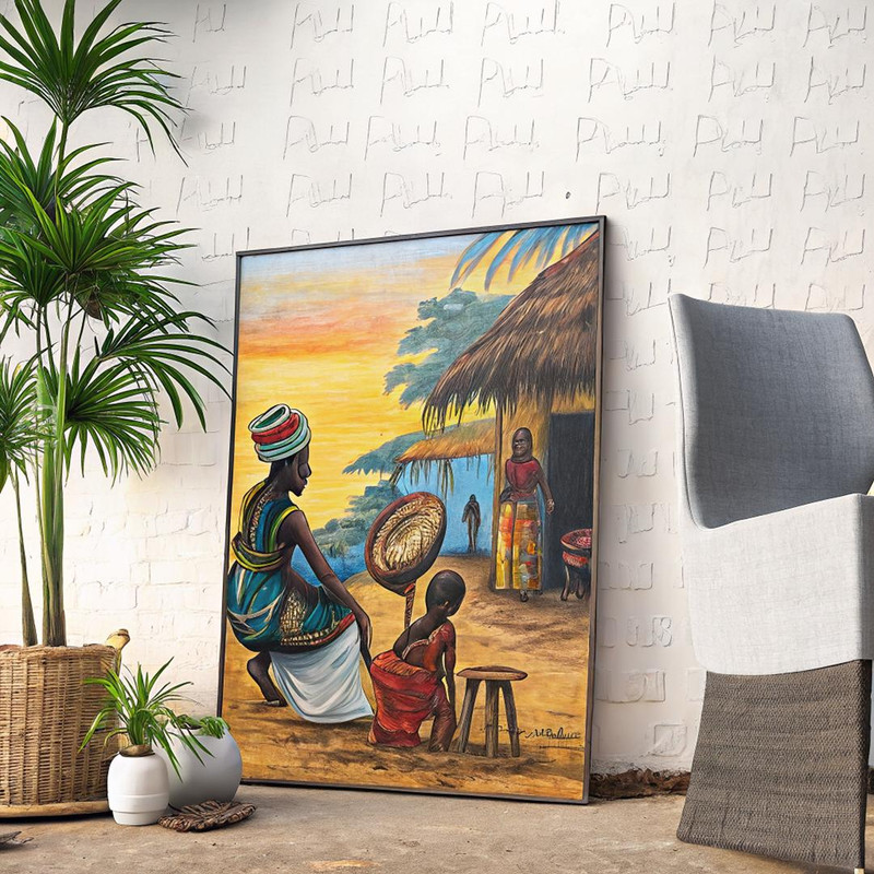 African Art Village Mother and Her Children Digital Printable Wall Art Vintage Oil Painting Afrocent